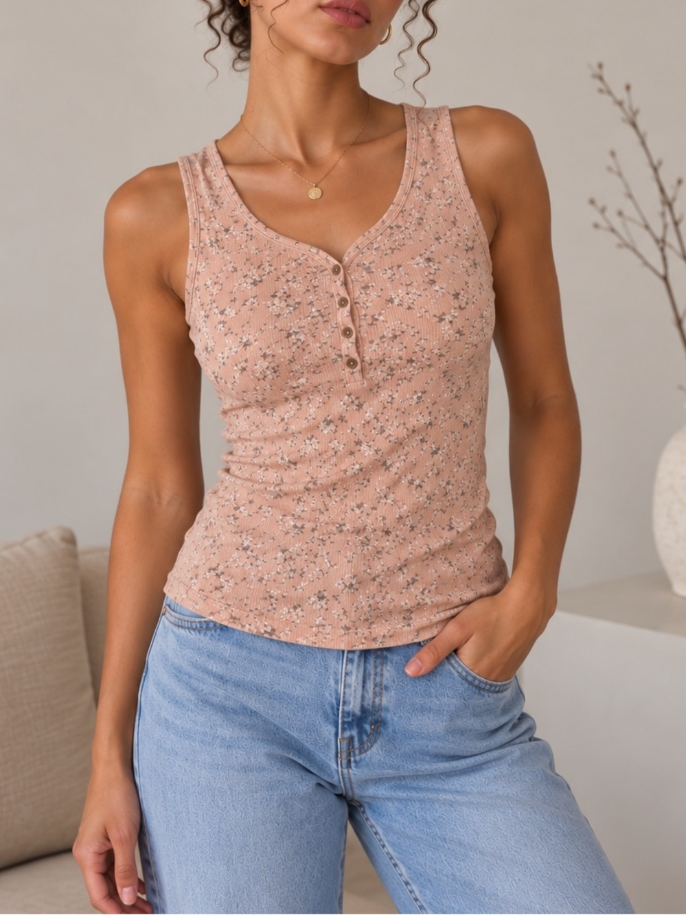 Peach Floral Ribbed Sleeveless Henley Top